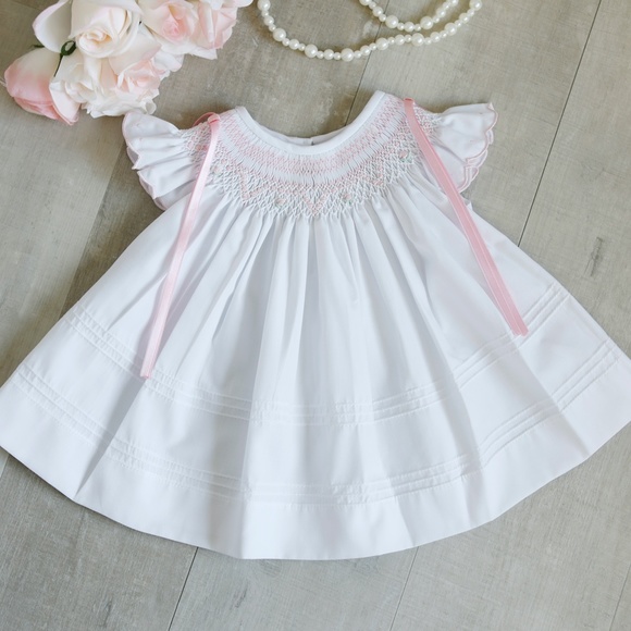 Newborn Smocked Dress White Pink Embroidery Will'beth Spring Portrait NWT - Picture 4 of 10